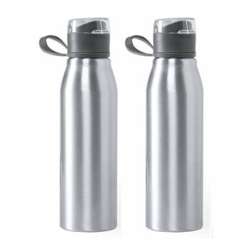 Aluminium waterfles/drinkfles - 2x - metallic zilver - met schroefdop - 700 ml - Drinkflessen