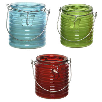 Citronella kaars - in windlicht - 3x - blauw/groen en rood - 20 branduren - citrusgeur - geurkaarsen