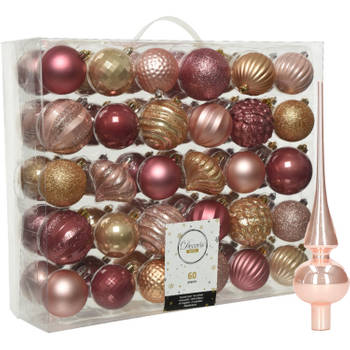 Kunststof kerstballen 60x stuks 6-7 cm met glazen glans piek roze en bruin - Kerstbal