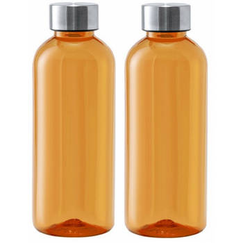 Kunststof waterfles/drinkfles/sportfles - 2x - oranje - met RVS dop - 600 ml - Drinkflessen