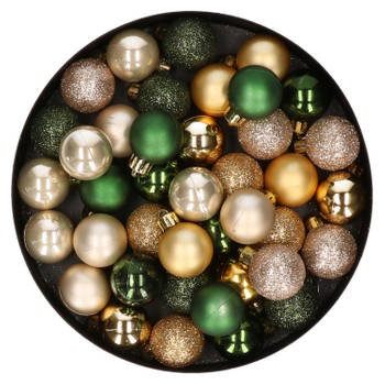 42x stuks kunststof kerstballen donkergroen, champagne en goud mix 3 cm - Kerstbal