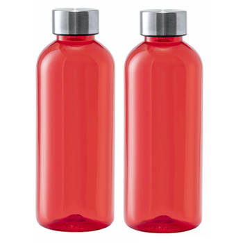 Kunststof waterfles/drinkfles/sportfles - 2x - rood - met RVS dop - 600 ml - Drinkflessen