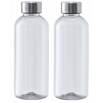 Kunststof waterfles/drinkfles/sportfles - 2x - transparant - met RVS dop - 600 ml - Drinkflessen