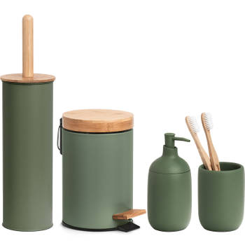 Badkamer accessoires set 4-delig - kunststeen - bamboe hout salie groen - Badkameraccessoireset