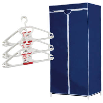 Set van mobiele opvouwbare kledingkast met blauwe hoes 160 cm en 15x plastic kledinghangers wit - Campingkledingkasten