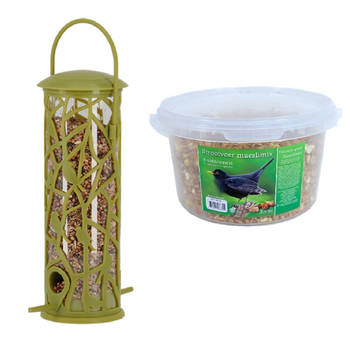 Vogel voedersilo met zitstokjes groen kunststof 27 cm inclusief 4-seizoenen mueslimix vogelvoer - Vogel voedersilo