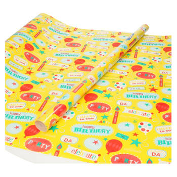 Inpakpapier/cadeaupapier Happy Birthday - 3 stuks - 70 x 200 cm - geel - Cadeaupapier