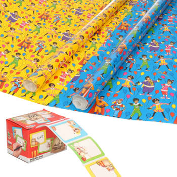 Sinterklaas inpakpapier/cadeaupapier 8x rollen en 50 naam stickers - Cadeaupapier