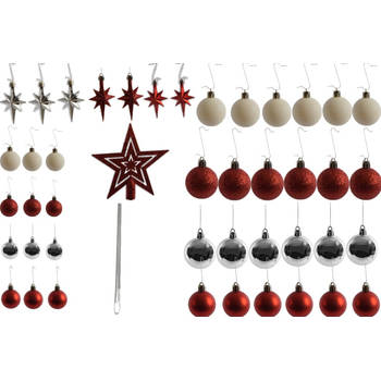 Kleine Kerstballen met 50 Kerstbalhaakjes 3-4cm 44-delig decoratie met en piek rood zilver met glitters ketting