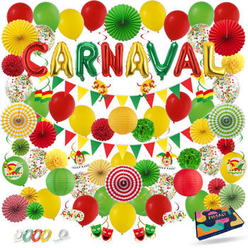 Fissaly® 86 Stuks Carnaval Versiering Decoratie Rood, Geel & Groen - Feestpakket Incl. Ballonnen, Slingers & Accessoires