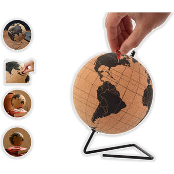 Wereldbol van kurk met metalen standaard - Diameter 15 cm - Kurkbol met gekleurde push-pins - Draaibare wereldbol Kurk