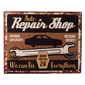 Clayre & Eef Tekstbord 25x20 cm Bruin Ijzer Auto Repair shop Wandbord Bruin Wandbord