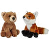 Bosdieren zachte pluche knuffels 2x stuks - Vos en Bruine Beer van 15 cm - Knuffelberen