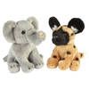 Safari dieren serie pluche knuffels 2x stuks - Olifant en Wilde Hond van 15 cm - Knuffeldier