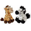 Safari dieren serie pluche knuffels 2x stuks - Zebra en Giraffe van 15 cm - Knuffeldier