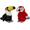 Tropische vogels pluche knuffels 2x stuks - Rode Macaw Papegaai en Toekan van 15 cm - Vogel knuffels