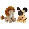 Safari dieren serie pluche knuffels 2x stuks - Wilde Hond en Leeuw van 15 cm - Knuffeldier