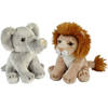 Safari dieren serie pluche knuffels 2x stuks - Olifant en Leeuw van 15 cm - Knuffeldier