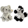 Safari dieren serie pluche knuffels 2x stuks - Olifant en Zebra van 15 cm - Knuffeldier