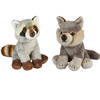 Bosdieren zachte pluche knuffels 2x stuks - Wasbeer en Wolf van 15 cm - Knuffeldier