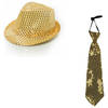 Party carnaval verkleed hoedje en stropdas goud glitters - Verkleedhoofddeksels