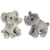 Safari dieren serie pluche knuffels 2x stuks - Olifant en Neushoorn van 15 cm - Knuffeldier