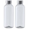 Kunststof waterfles/drinkfles/sportfles - 2x - transparant - met RVS dop - 600 ml - Drinkflessen