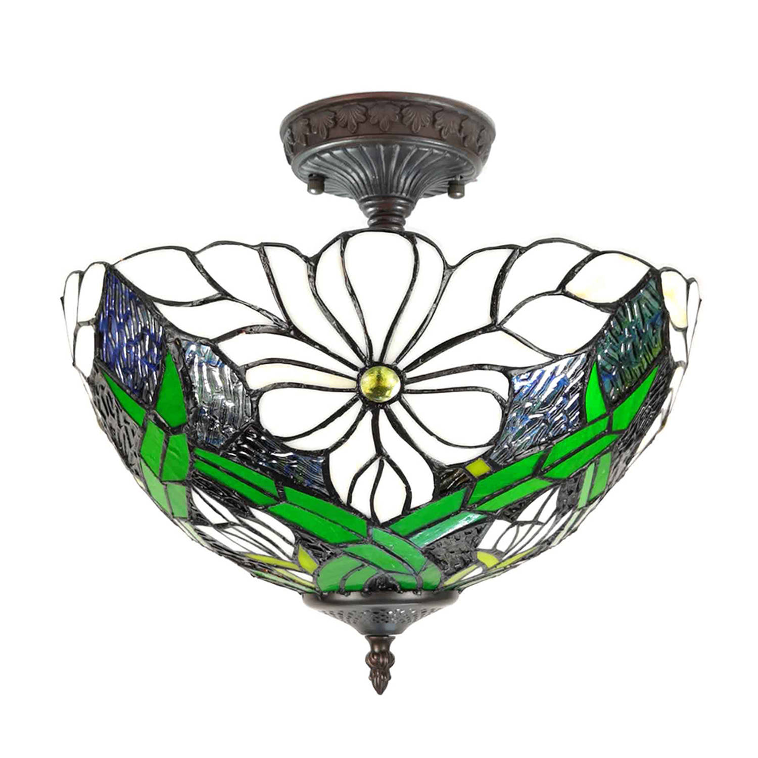HAES DECO Plafondlamp Tiffany Groen, Wit Ø 36x35 cm E27-max 2x60W