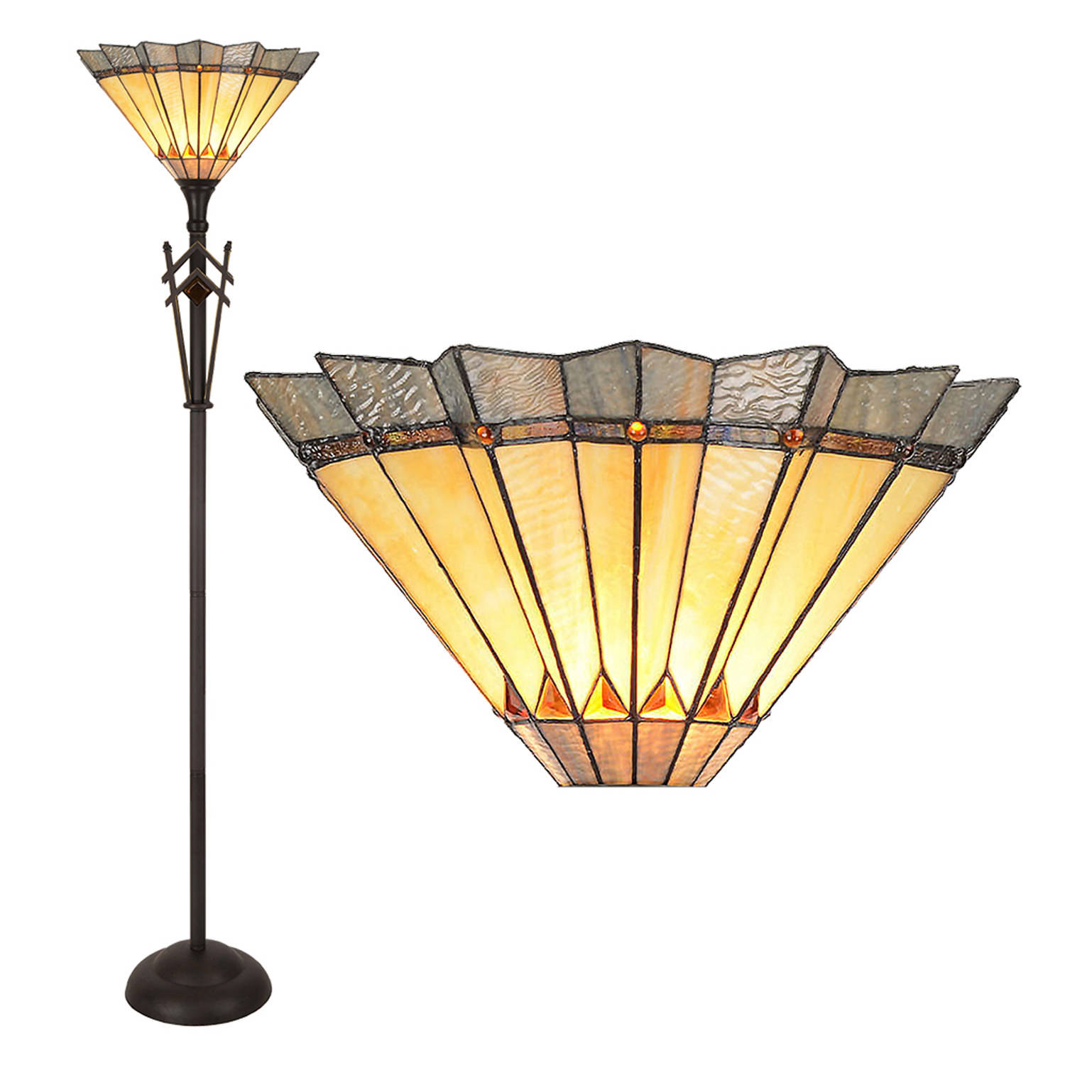 HAES DECO - Tiffany Vloerlamp Ø 45x182 cm Geel Bruin Glas Staande Lamp Staanlamp Glas in Lood