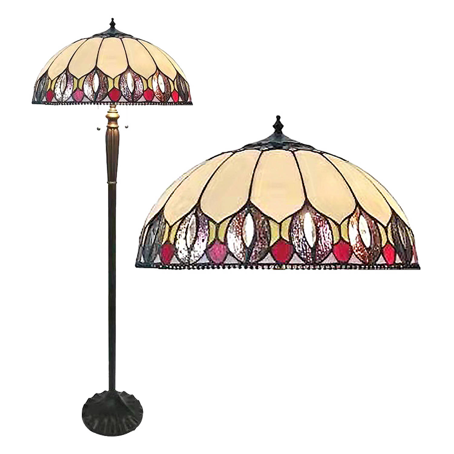 HAES DECO - Tiffany Vloerlamp Ø 50x157 cm Geel Bruin Glas Kunststof Rond Staande Lamp Staanlamp Tiffany Lamp