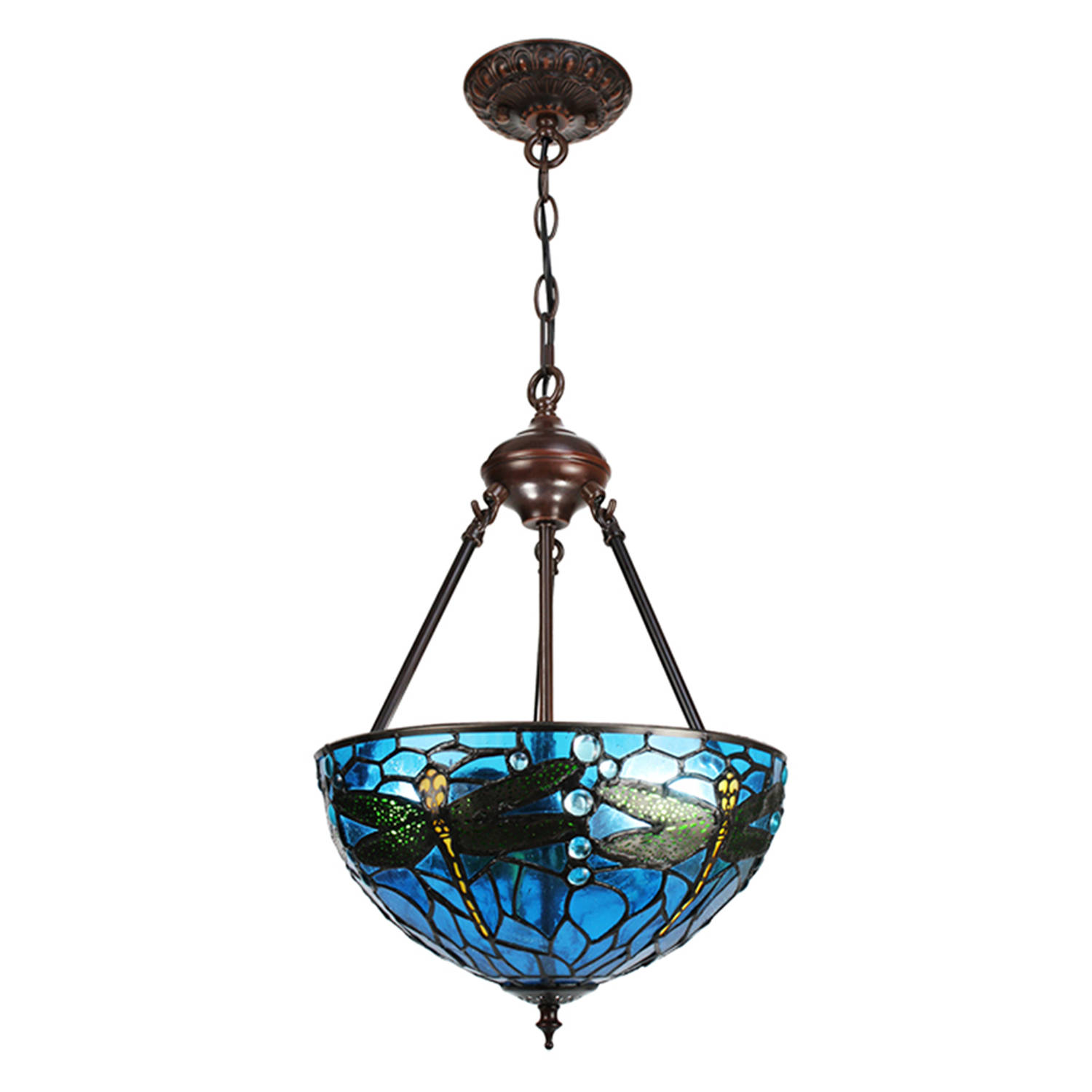 HAES DECO - Tiffany Hanglamp Ø 31x155 cm Blauw Groen Metaal Glas Libelle Hanglamp Eettafel Hanglampen Eetkamer Glas in Lood