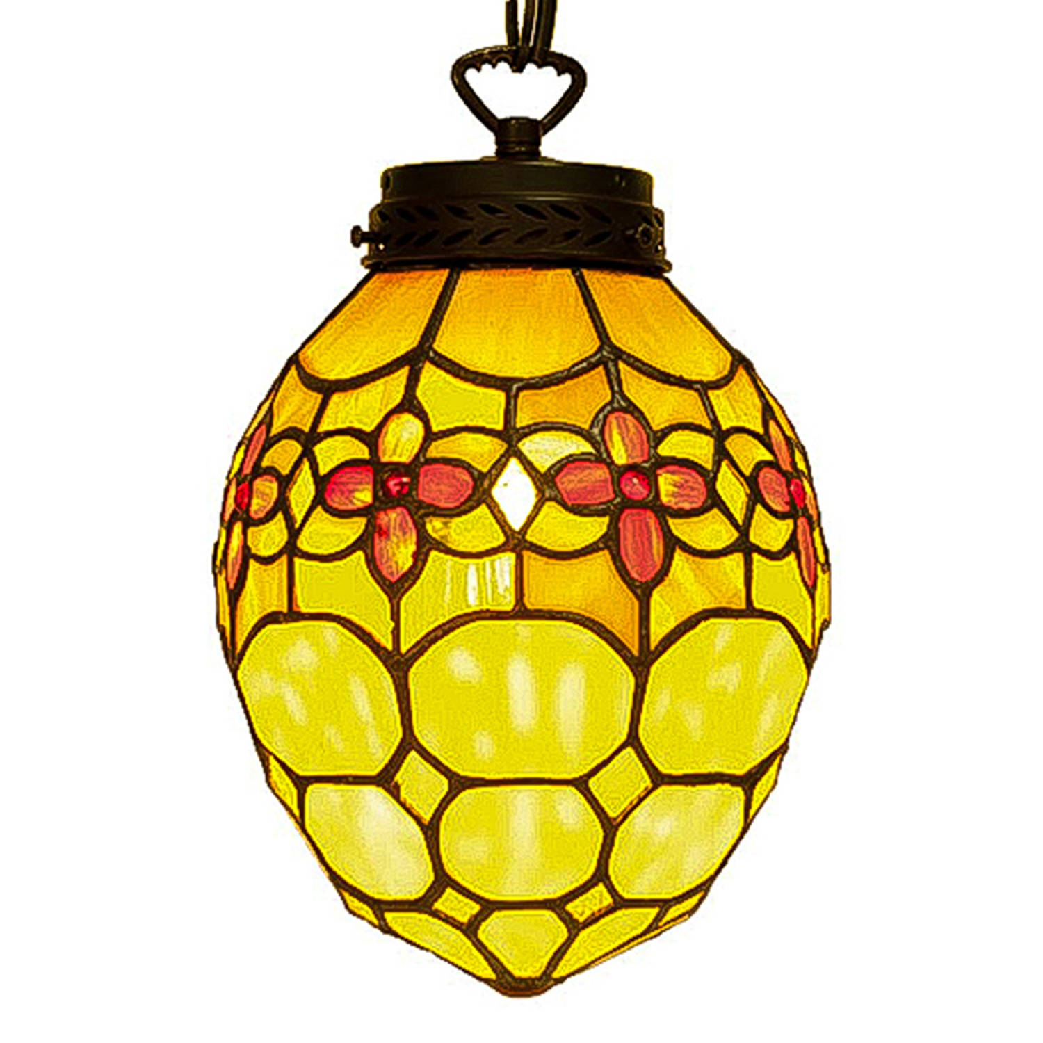 HAES DECO - Tiffany Hanglamp Ei Ø 24x155 cm Geel Ijzer Glas Ovaal Hanglamp Eettafel Hanglampen Eetkamer Glas in Lood