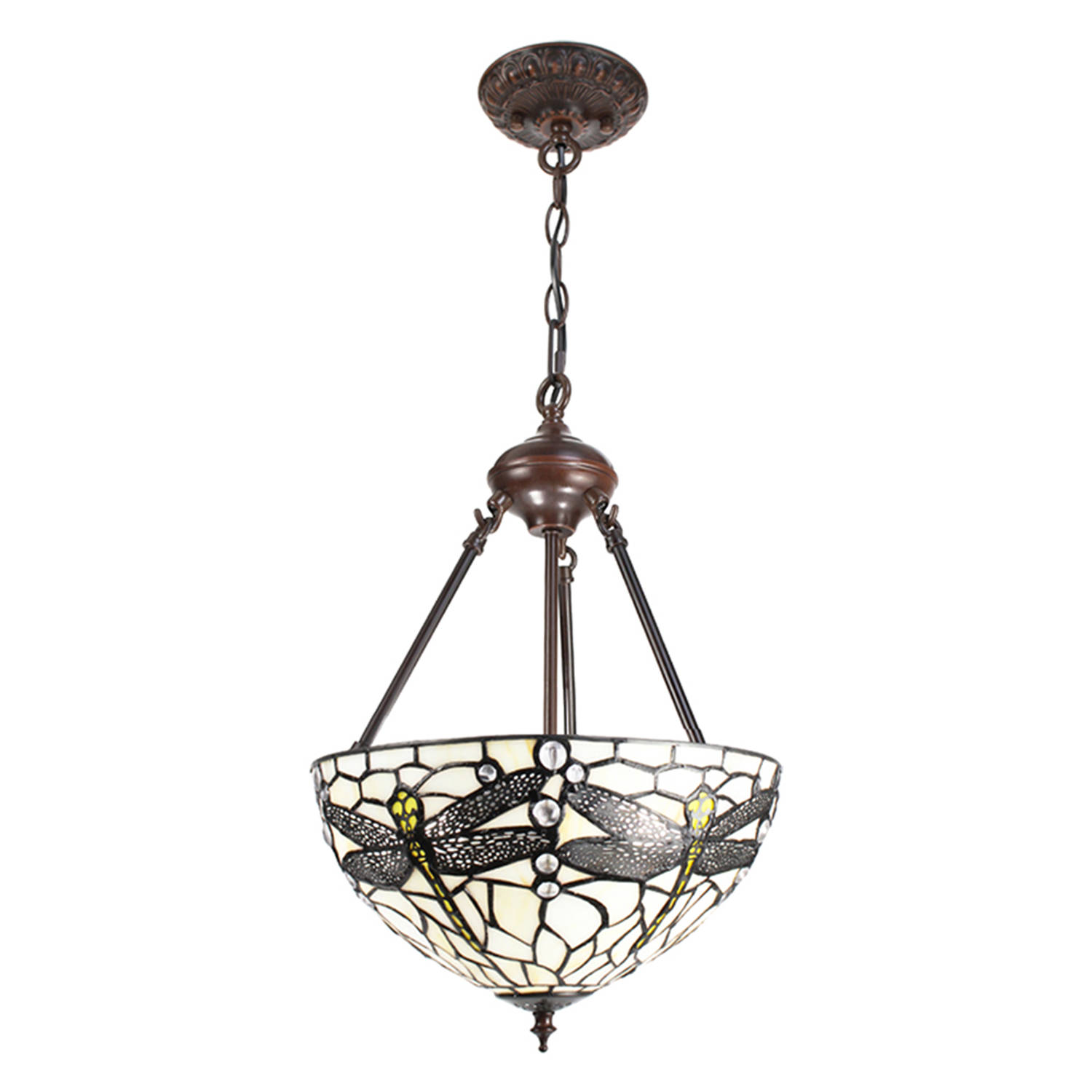 HAES DECO - Tiffany Hanglamp Ø 31x126 cm Wit Metaal Glas Libelle Hanglamp Eettafel Hanglampen Eetkamer Glas in Lood