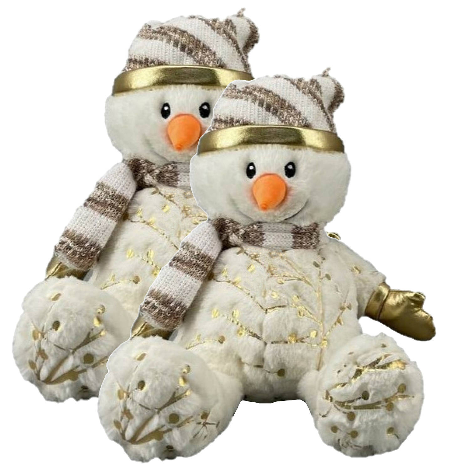 2x stuks pluche sneeuwpop knuffels pop met muts en sjaal 28 cm Knuffelpop