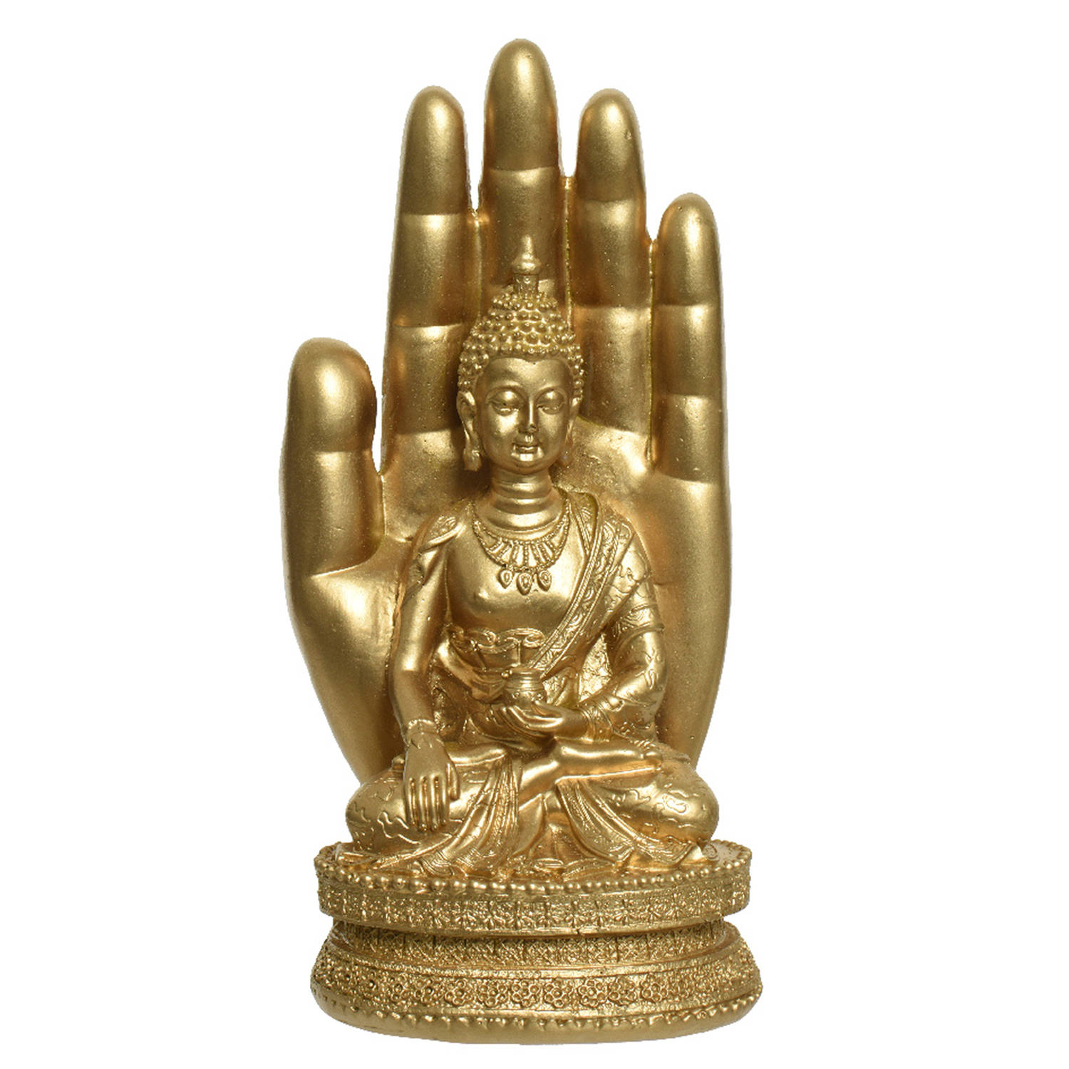 Decoris Boeddha beeldje in hand - kunststeen - goud - H19,5 cm