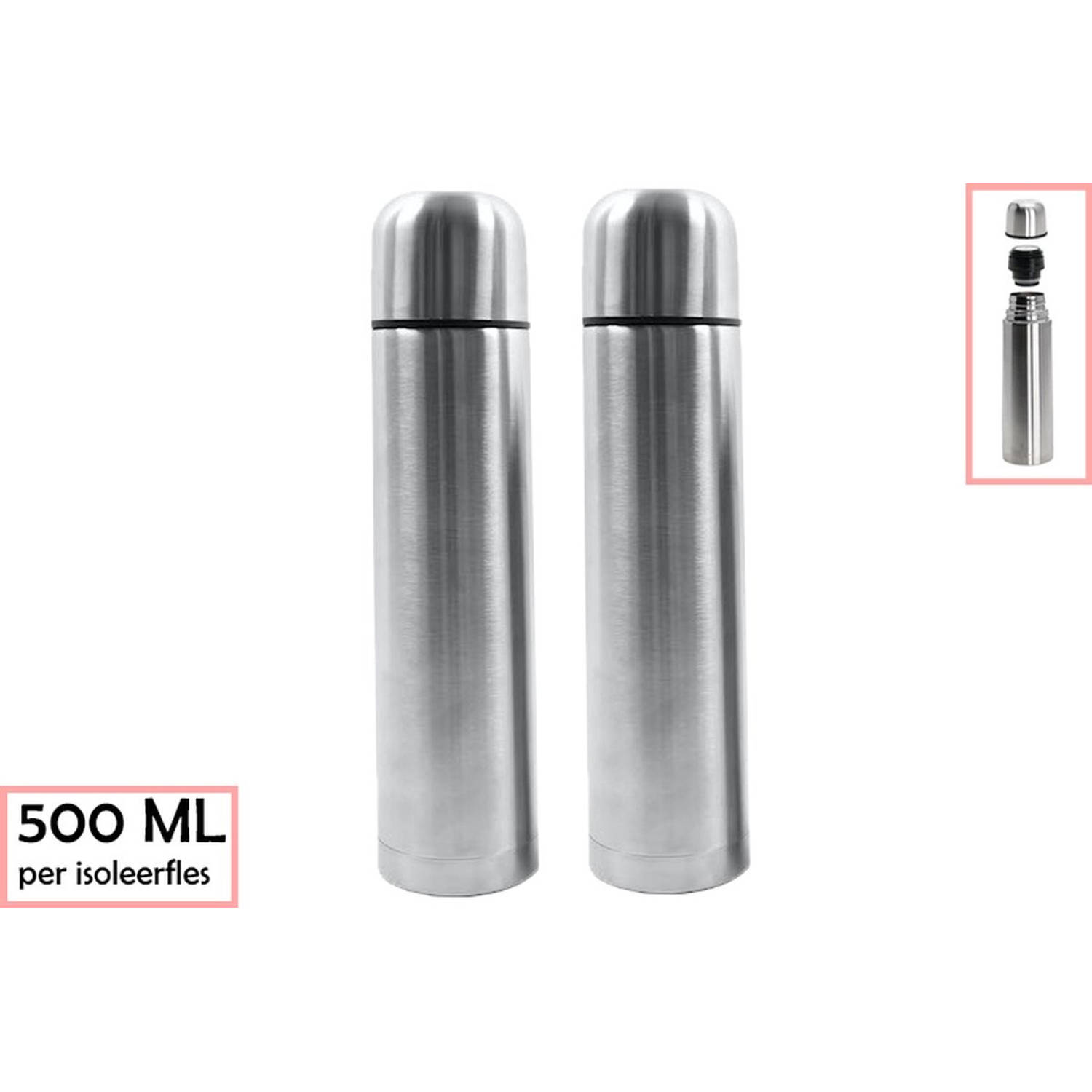 2 stuks thermos Isoleerfles 500 ML - Zilver- 1000 ML met 2 thermosflessen
