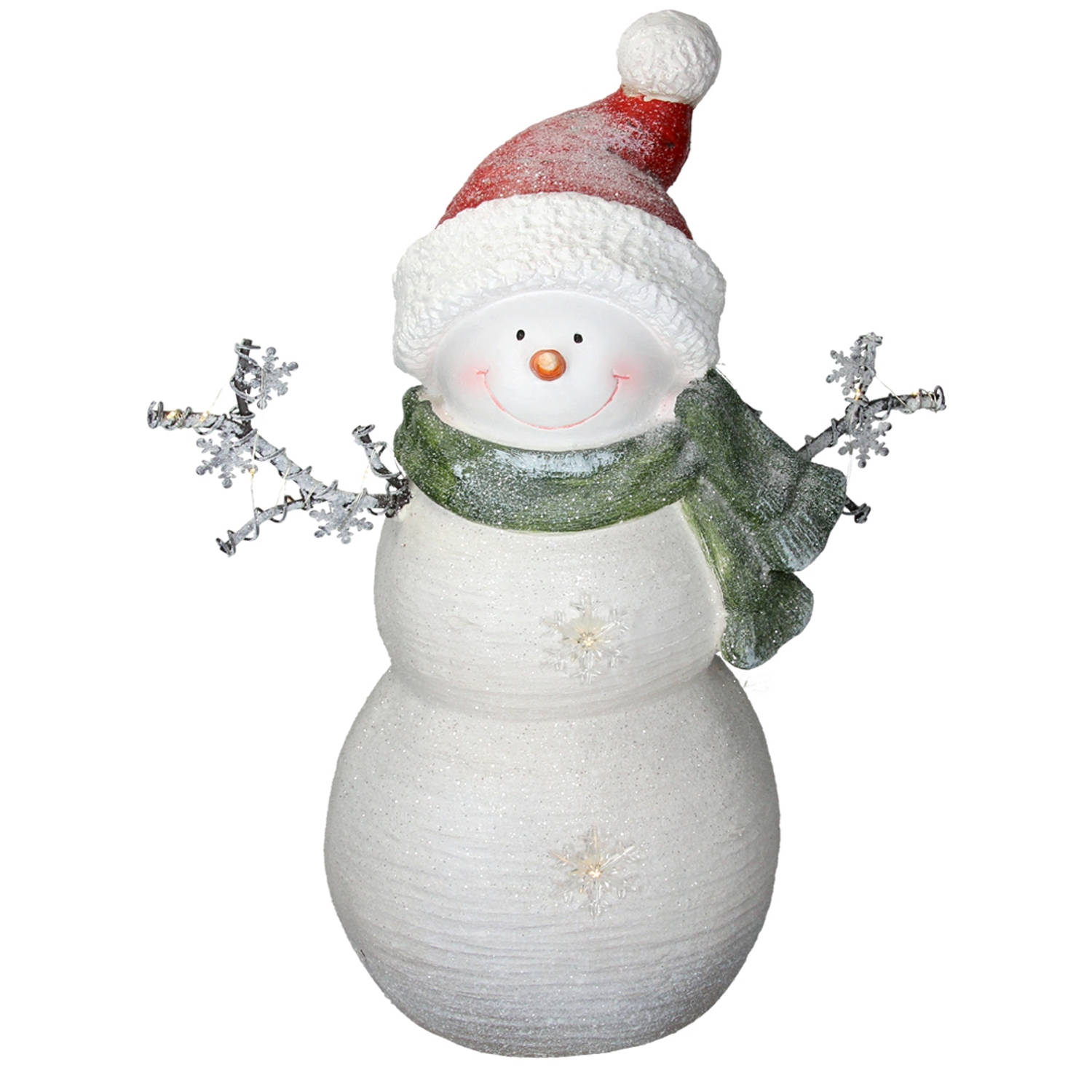 Decoratief figuur sneeuwpop met 12 LED's warm wit 57 cm, wit met rode wintermuts en groene sjaal