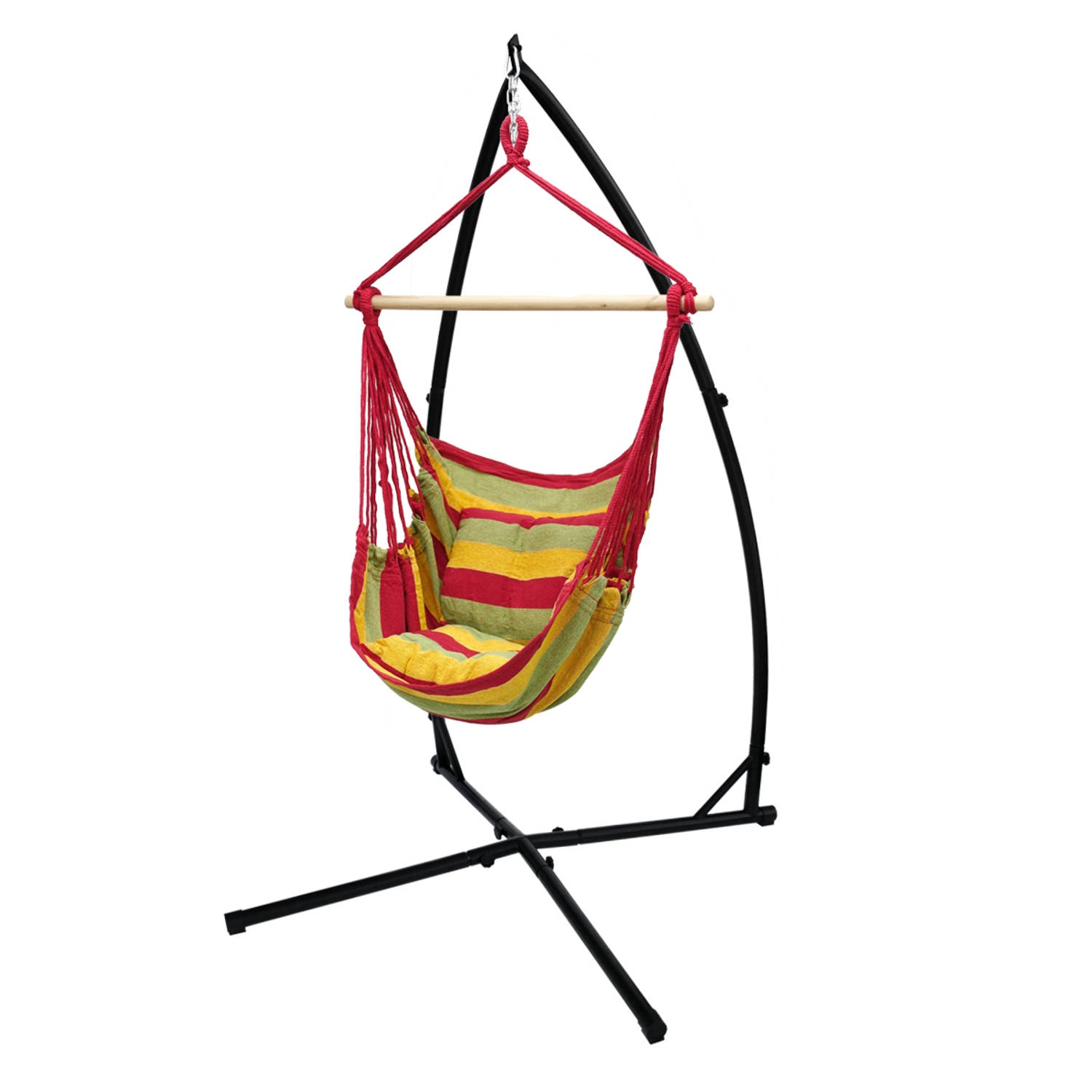 Hangstoel van katoen/hard hout, rood/groen/geel, belastbaar tot 120 kg met metalen frame 210 cm incl. twee kussens