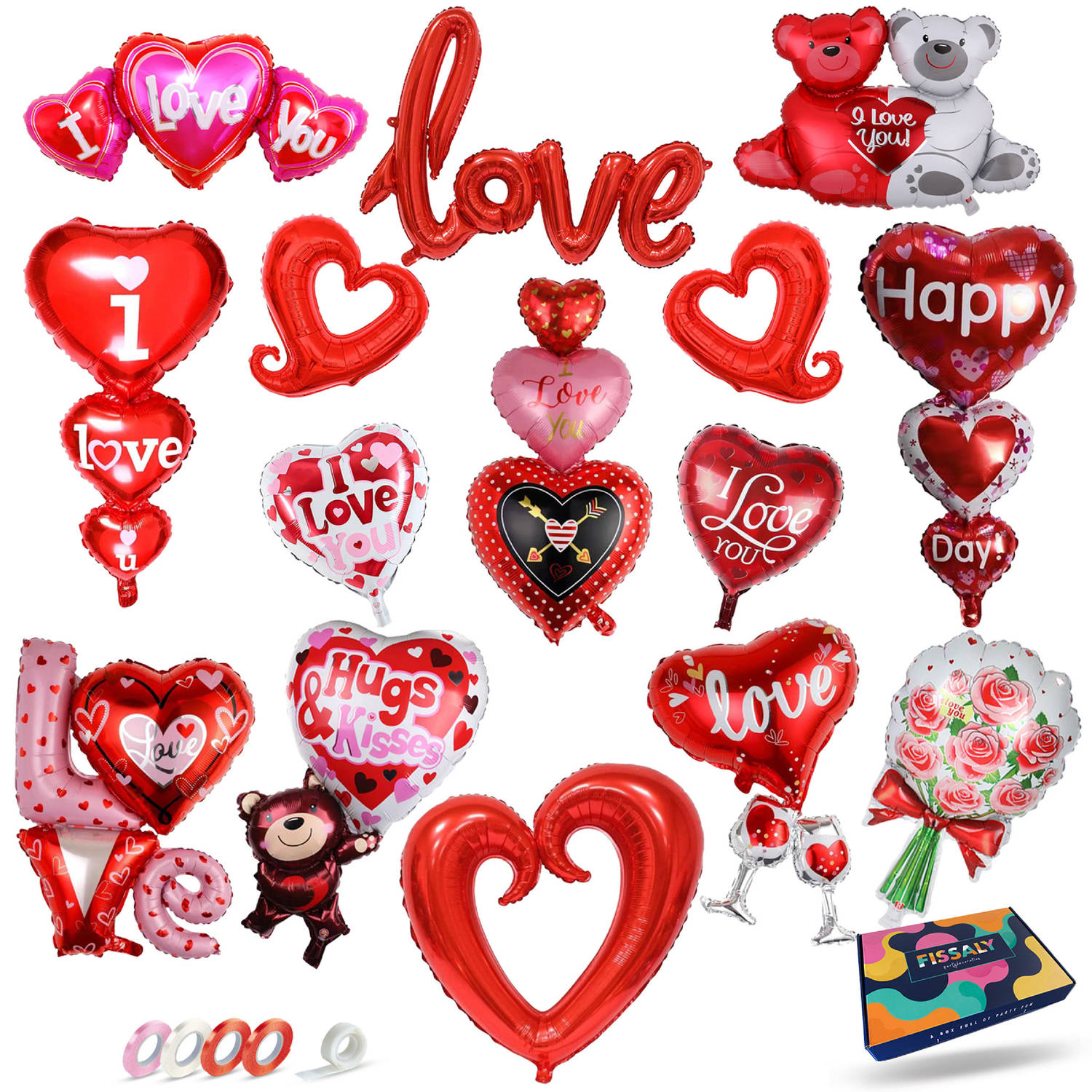 Fissaly® 15 Stuks Liefde & Hartjes Folie Ballonnen Decoratie Set – I Love You Versiering - Cadeautje - Man & Vouw - Hem & Haar - Rood - Valentijn - Moederdag