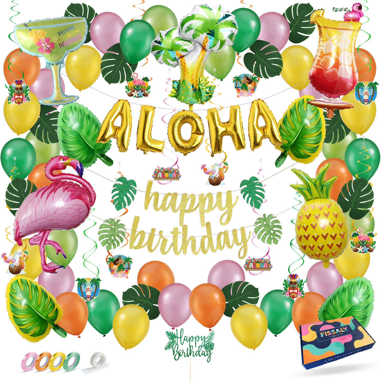 Fissaly® 78 Stuks Hawaii Flamingo, Ananas & Palmbladeren Feest Decoratie – Aloha & Tropisch – Slingers, Ballonnen & Accessoires
