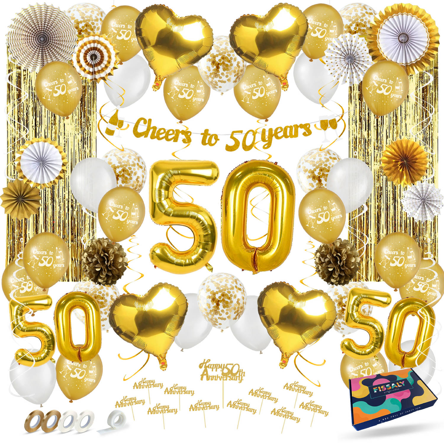 Fissaly® 50 Jaar Gouden Jubileum Decoratie Versiering – Bruiloft, Huwelijk & Getrouwd - In Dienst - Ballonnen – Verjaardag - Man & Vrouw – Goud