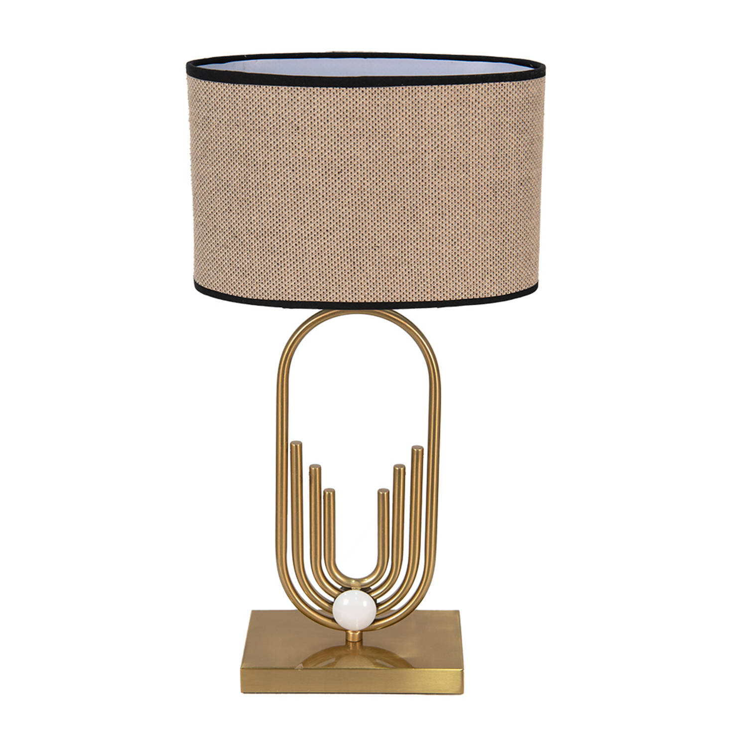 HAES DECO - Tafellamp - Modern Chic - Elegante Lamp, formaat 30x16x57 cm - Goudkleurig metaal met Bruin Textiel - Bureaulamp, Sfeerlamp