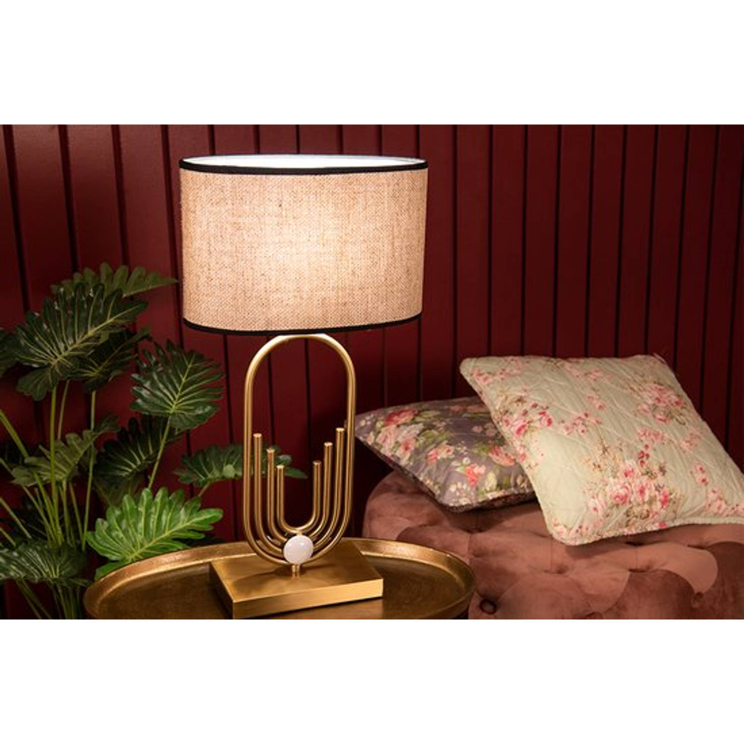 HAES DECO - Tafellamp - Modern Chic - 30x16x57 cm - Goudkleurig met Bruin Textiel - Bureaulamp, Sfeerlamp | Blokker