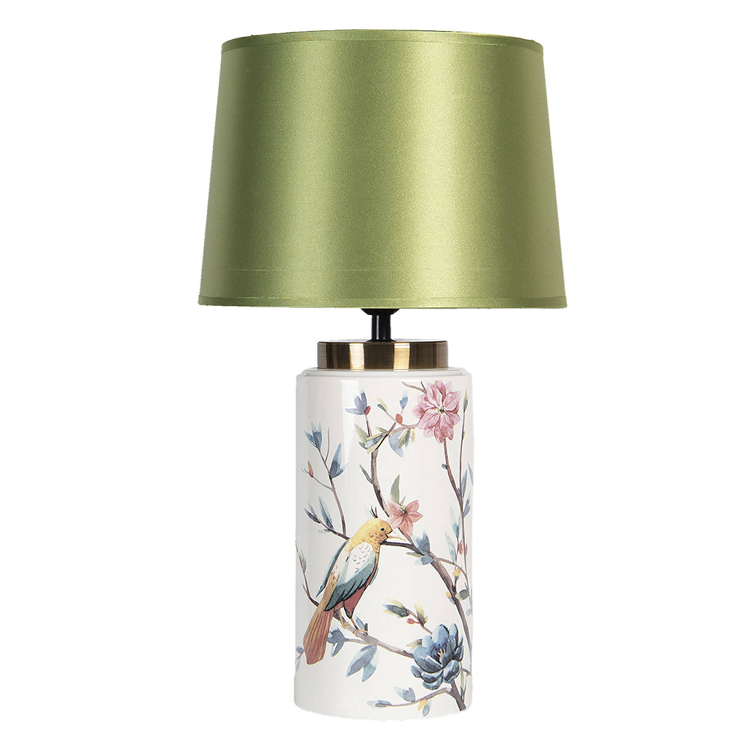 HAES DECO - Tafellamp - Modern Chic - Bloemen en Vogels, Formaat Ø 27x35 cm - Wit / Groen Keramiek - Bureaulamp, Sfeerlamp, Nachtlampje