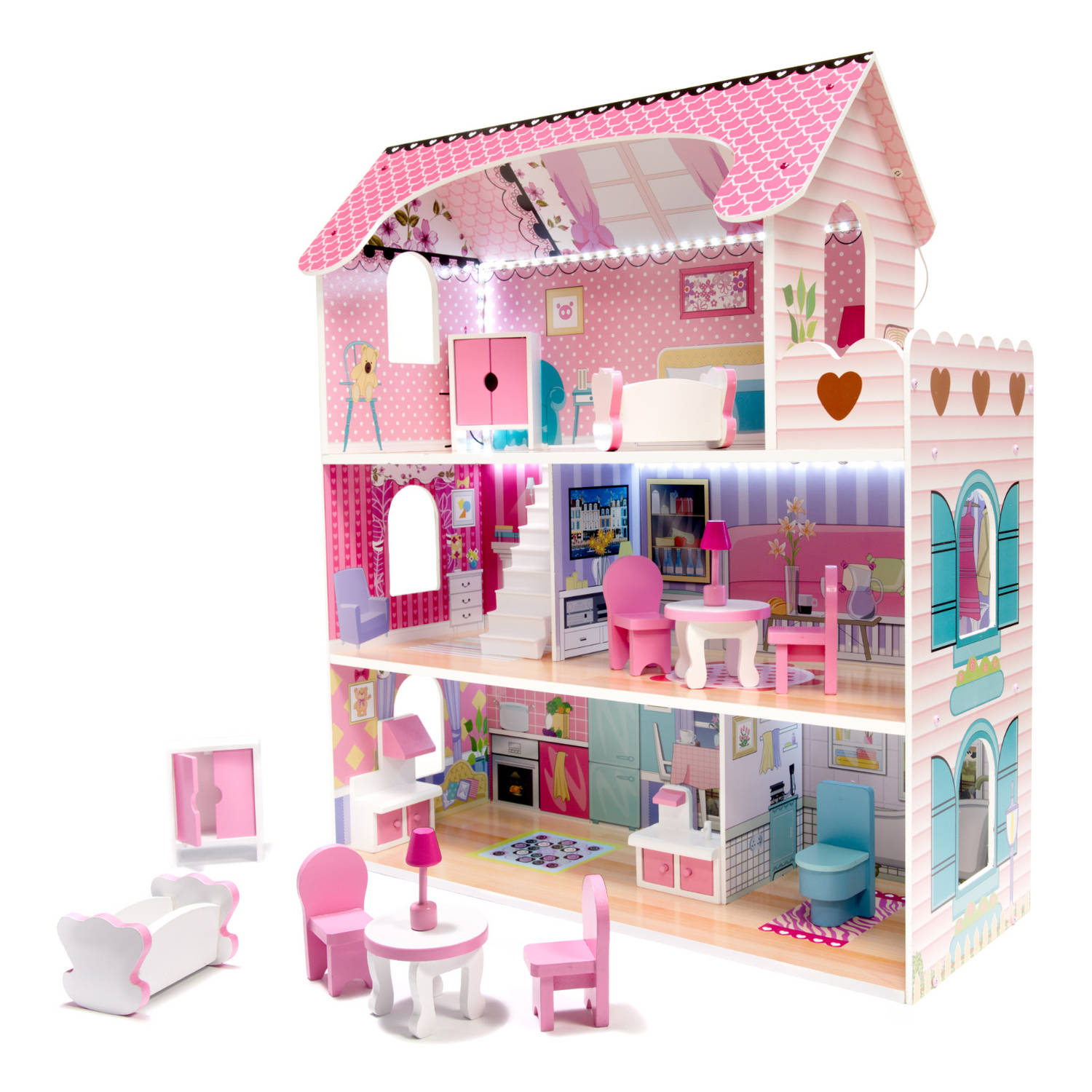 Zeer luxe grote houten poppenhuis- speelhuis met meubels met LED verlichting 70 cm roze