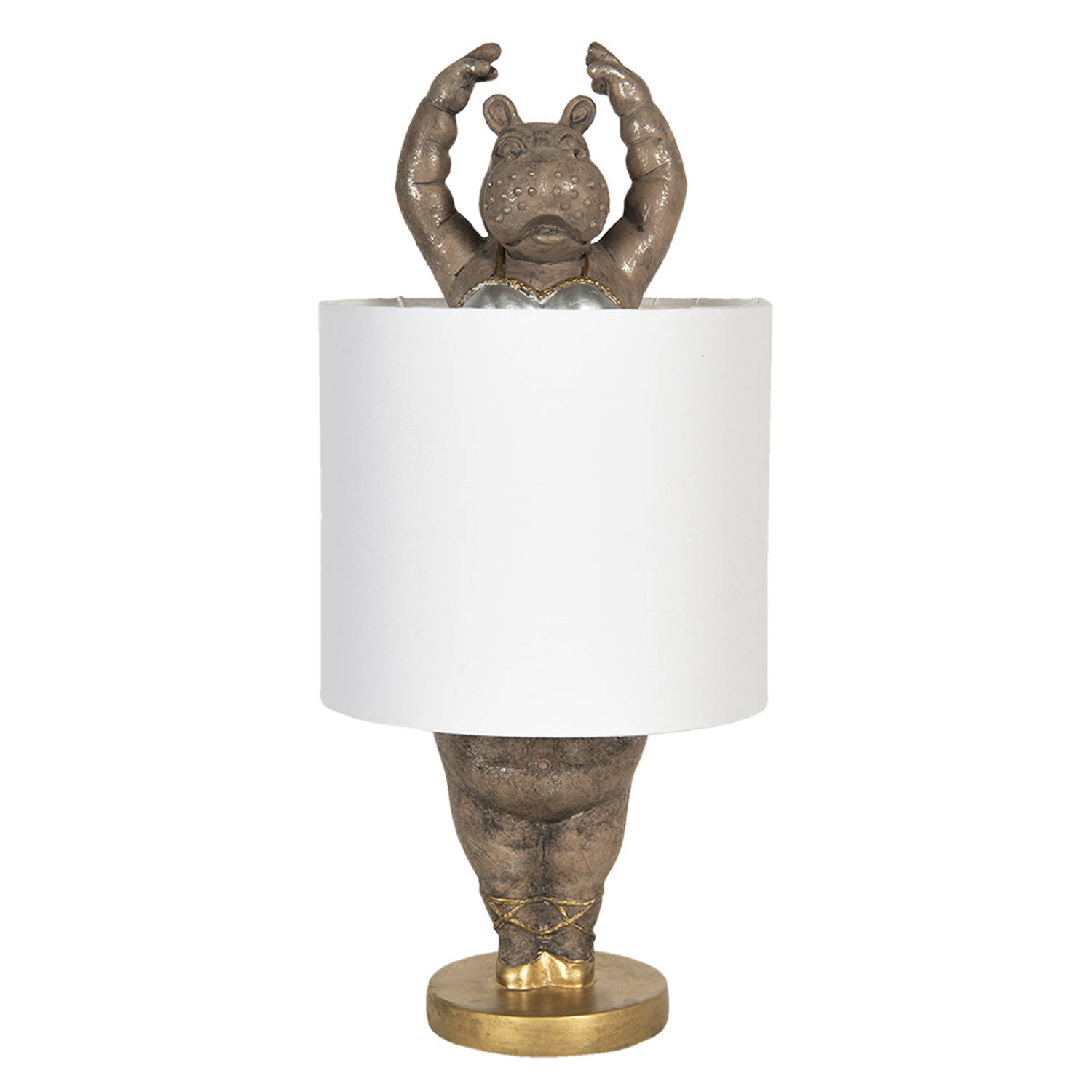 HAES DECO - Tafellamp - City Jungle - Ballerina Nijlpaard, formaat Ø 20x44 cm - Goudkleurig met Witte Lampenkap - Bureaulamp, Sfeerlamp, Nachtlampje
