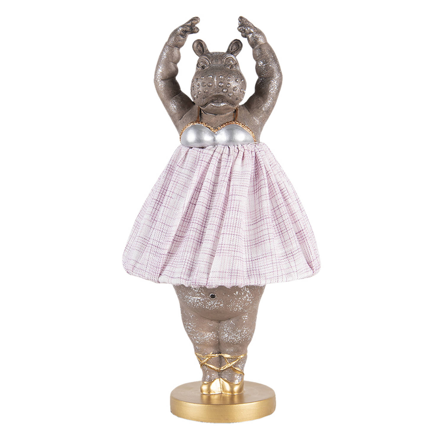 HAES DECO - Tafellamp - City Jungle - Ballerina Nijlpaard, formaat Ø 20x41 cm - Goudkleurig met Roze Lampenkap - Bureaulamp, Sfeerlamp, Nachtlampje