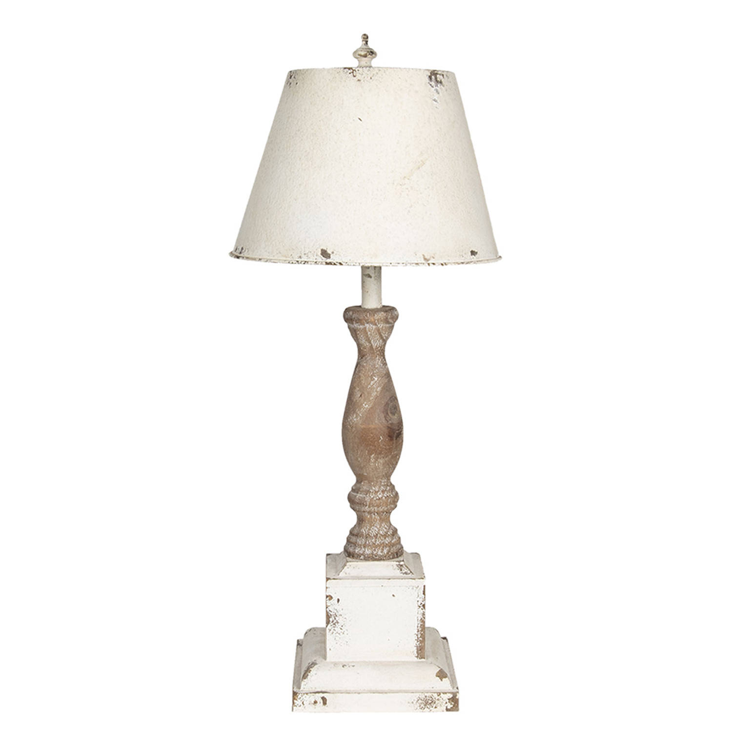 HAES DECO - Tafellamp - Shabby Chic -Vintage / Retro Lamp, formaat Ø 30x76 cm - Wit / Bruin, Hout met Metaal - Bureaulamp, Sfeerlamp, Nachtlampje