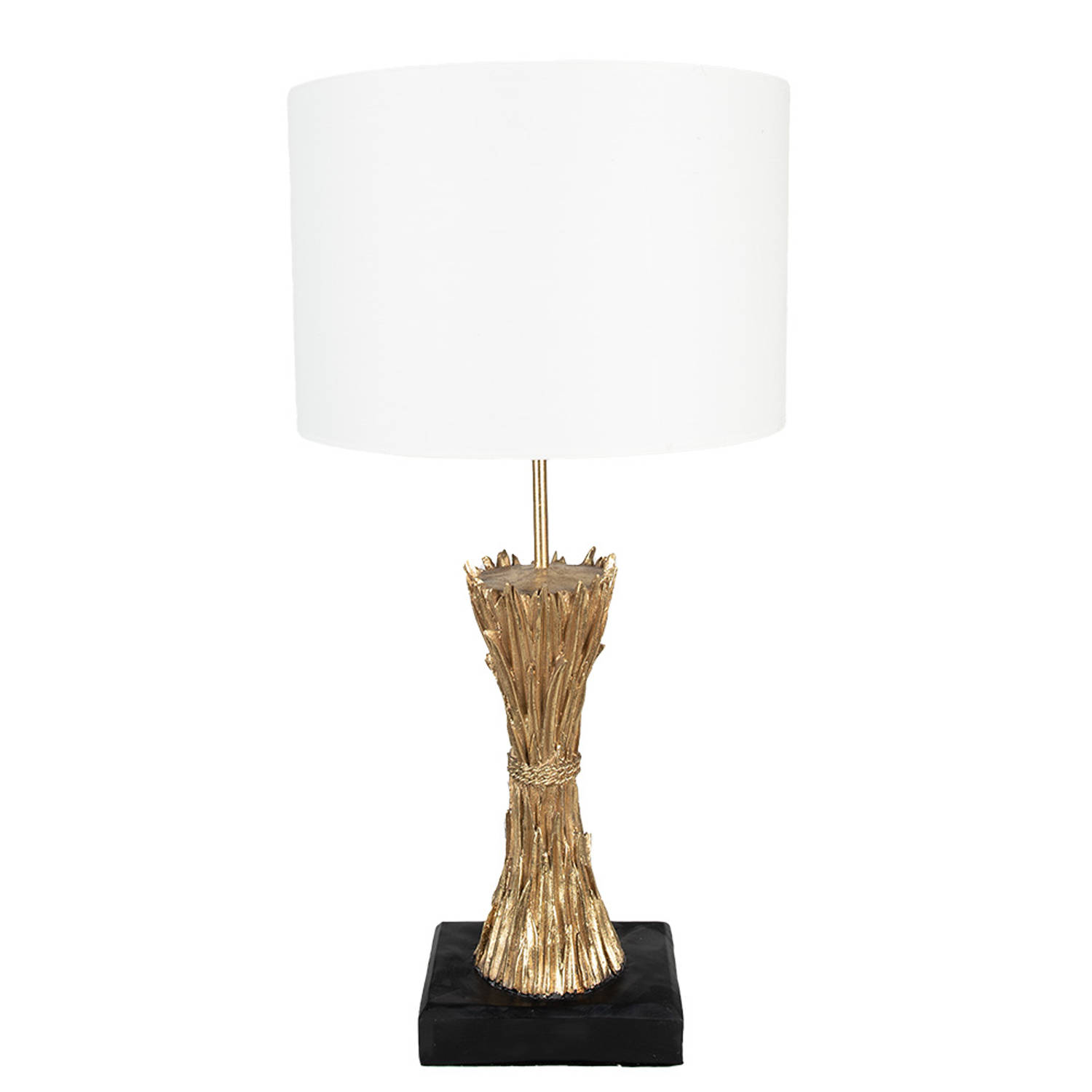 HAES DECO - Tafellamp - Modern Chic - Stijlvolle Lamp, formaat Ø 30x60 cm - Zwart / Goudkleurig met Witte Lampenkap - Bureaulamp, Sfeerlamp