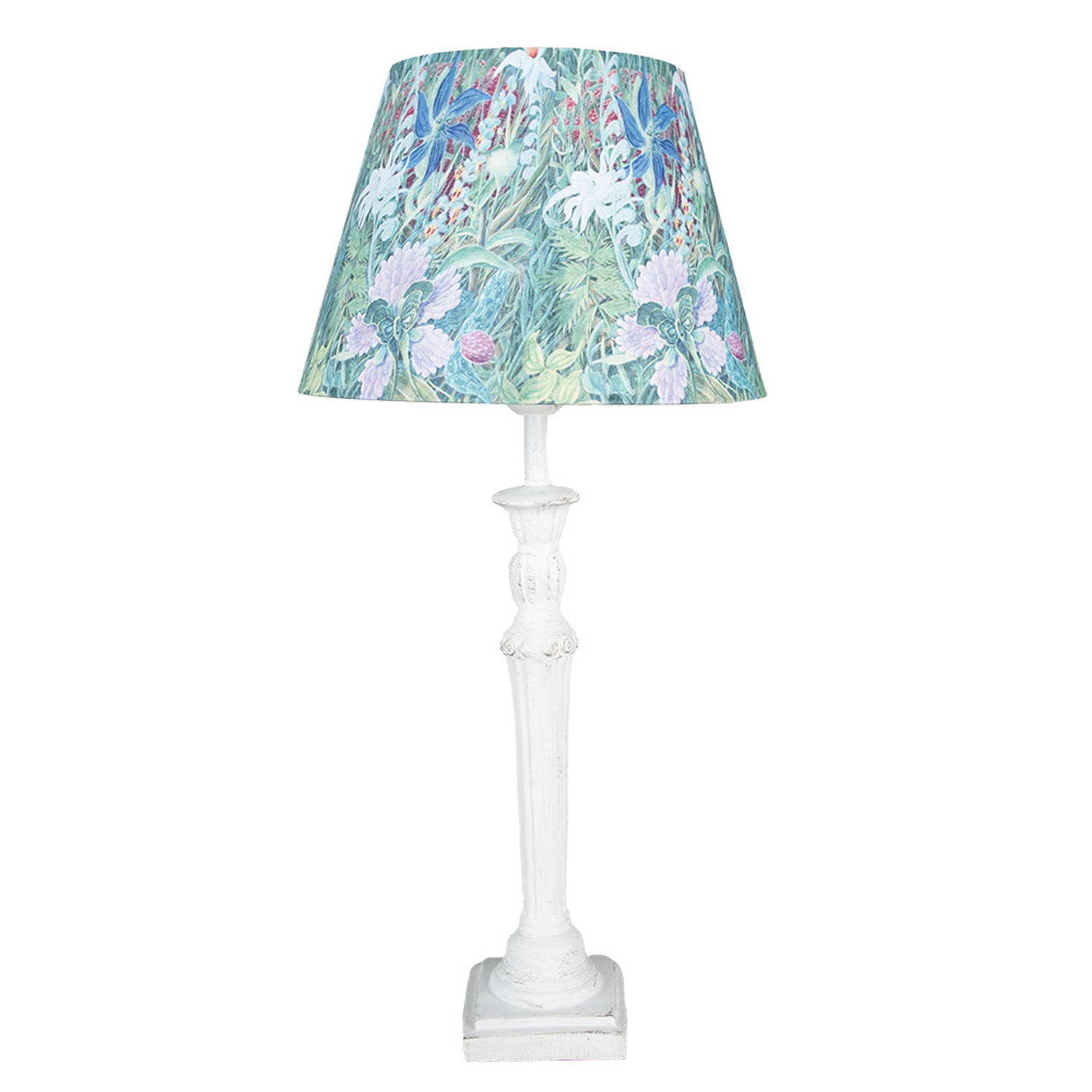 HAES DECO - Tafellamp - Shabby Chic - Bloemen bedrukt Lamp, formaat Ø 24x52 cm - Wit, Blauw / Groen - Bureaulamp, Sfeerlamp, Nachtlampje